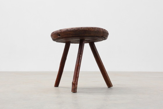 Image 1 of Rustic Wabi Sabi style solid oak tripod stool, France ca. 1850