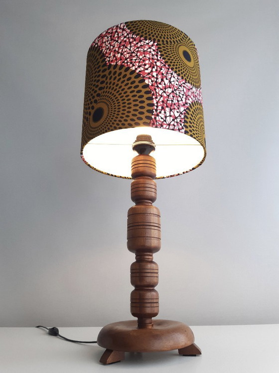 Image 1 of Unique vintage wooden lamp base with handmade lampshade made of African wax fabric