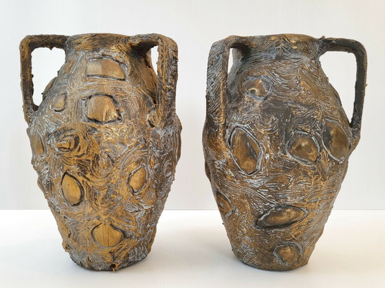 Image 1 of PAIR OF VINTAGE 1960S VASES, CERAVERRE, GILDED MOIRED CERAMIC, 1960S