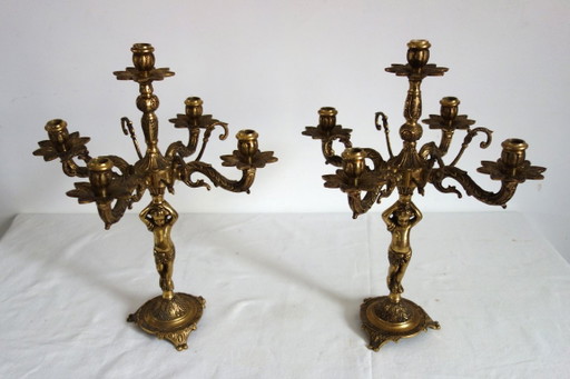 Par de candelabros Querubín de Bronce Dorado, principios del siglo XX