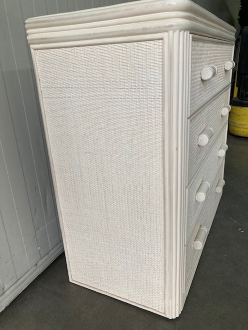 Vintage gebroken wit rotan, bamboe ladekast, jaren 80