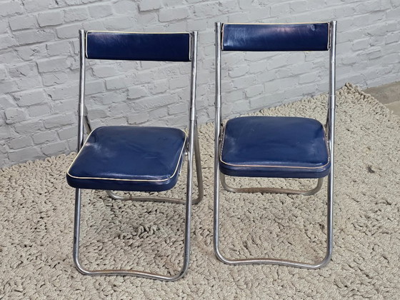 Image 1 of Mid-Century Design First Edition Patented Deep Blue Dico Folding Chairs, Set of 2, Netherlands, 1940s