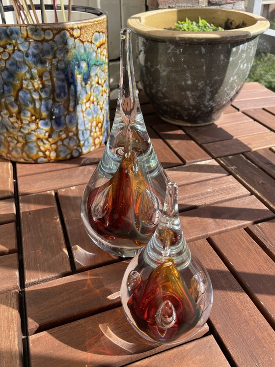 Image 1 of Ozzaro Studio-Kunstglas „Regentropfen“, signiertes orange-rotes Kristall aus Böhmen