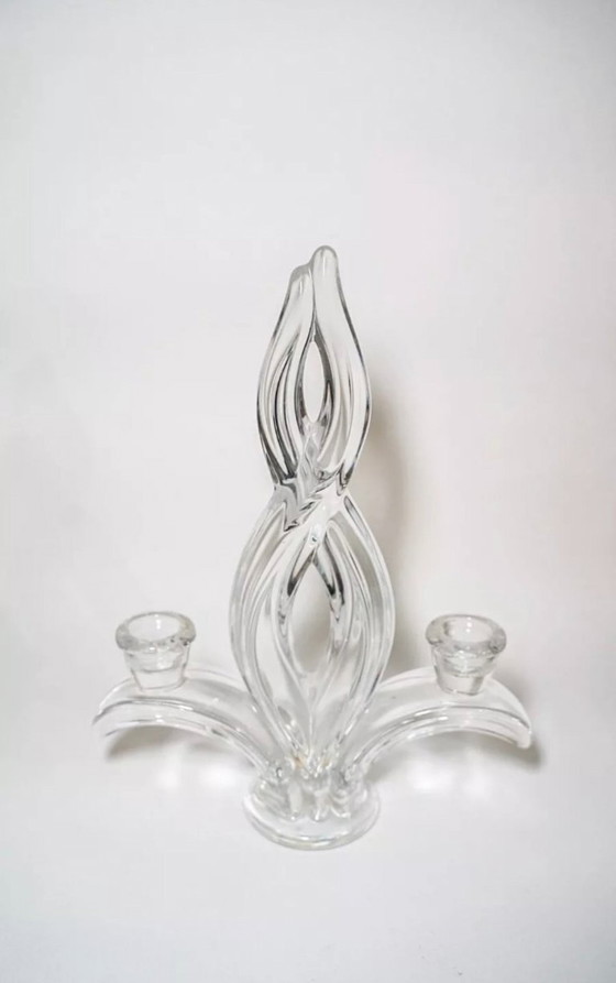 Image 1 of Pair of Vannes crystal candlesticks, fleur-de-lis motif, mid-century