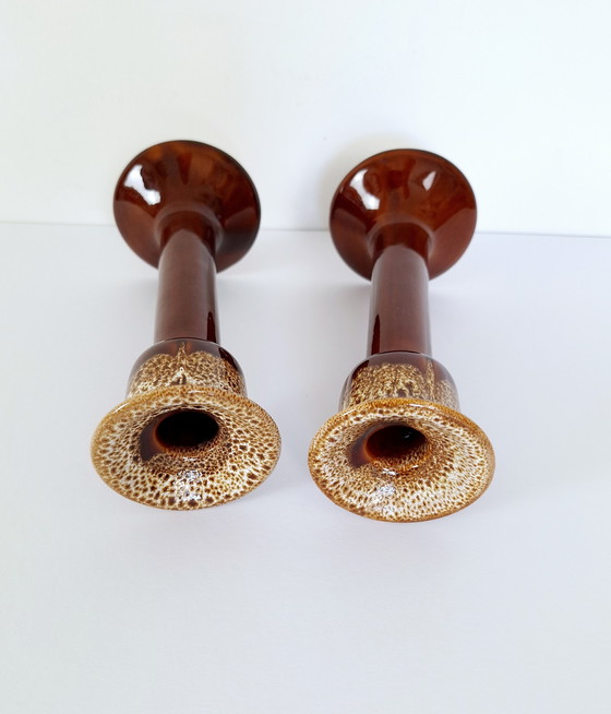 Image 1 of Set van Twee Vintage Keramische Kaarshouders, Vette Lava Kandelaar Houder, Bruine Decoratieve Verzamel Kandelaar