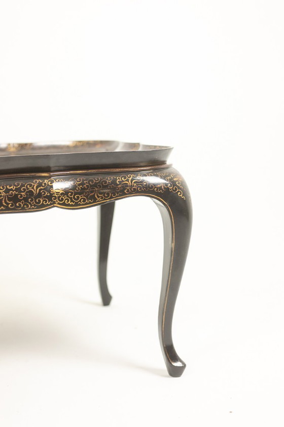Image 1 of Coffee table with removable top in red and black lacquered wood. 1950s.