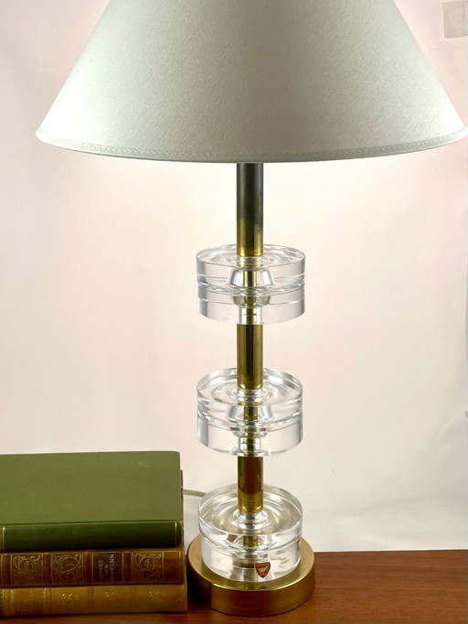 Carl Fagerlund for Orrefors – 6-Ring Crystal & Brass Table Lamp – Swedish Mid-Century Lighting