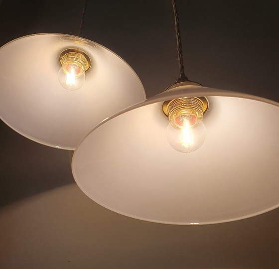 Set Vintage Pendant lamps - Milk glass, banker's lamps. – Metal (photo 13 of 21)