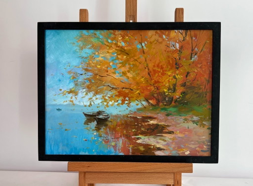 Original Oil Painting Autumn Coastal Landscape The whisper of autumn leaves over the river
