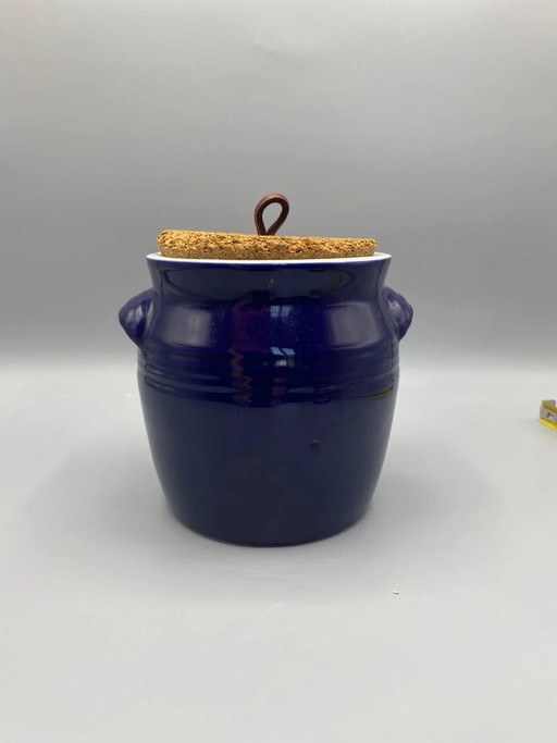 Kobaltblauer Fayencetopf mit Korkdeckel – Thailand – servies, Cork, Metal