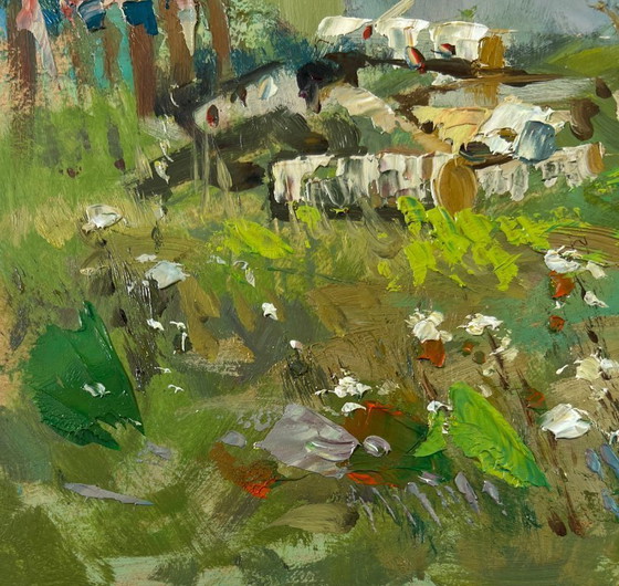 Image 1 of Original Oil Painting Summer Village Landscape Thoughts on the bench