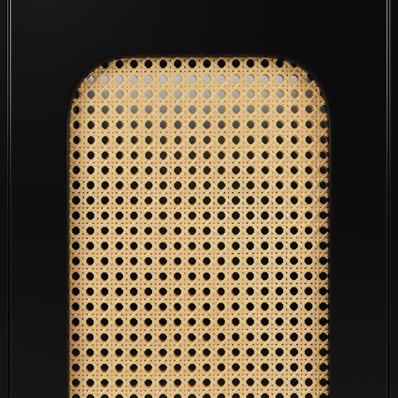 Image 1 of Urban Meuble zwart rotan dressoir met 4 deuren en gouden handgrepen en pootjes, 120 x 30 x 89 cm, STUGMAN