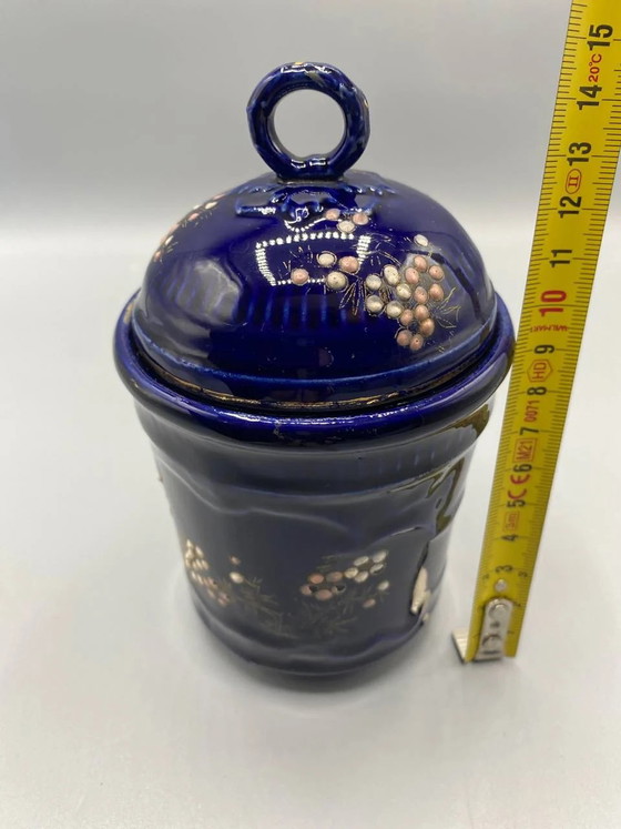 Antiker kobaltblauer Fayencetopf mit Deckel, mit Beeren verziert, um 1900 – Dekorative Objekte (photo 6 of 6)
