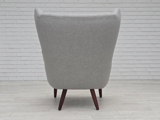 Image 1 of 1960er Jahre, dänischer „Teddy-Stuhl“ mit Hocker, neu gepolstert, Wolle, Teakholz.