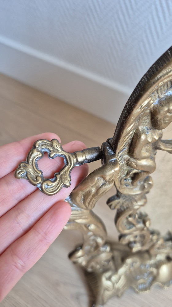Image 1 of Antique French bronze vanity table mirror — Rococo style — cherubs & shell — late 19th / early 20th century