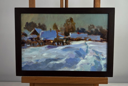 Original Oil Painting Winter Village Landscape Large snow drifts fell