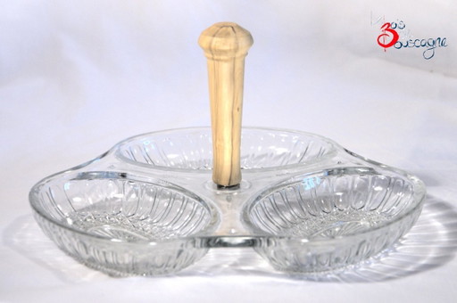 Val Saint-Lambert geperst glazen schaal met 3 vakken en buxushouten handvat, 23x10cm – tafelwaar, Glass, Wood