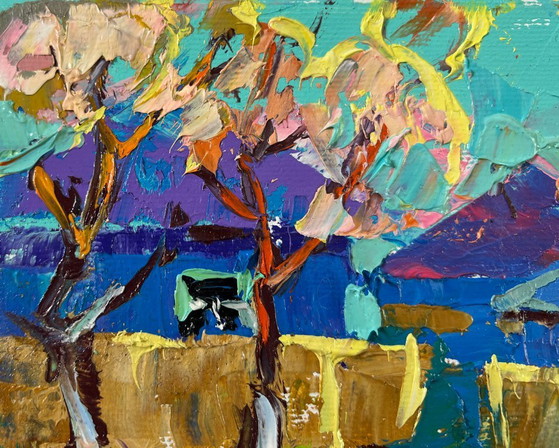 Image 1 of Origineel olieverfschilderij: Kleurrijk dorpslandschap, ontwakende lente