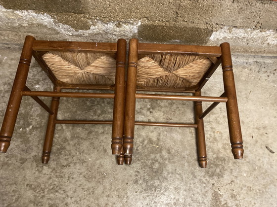 Image 1 of Paire Tabouret Ancien Bois + Assise Paille Tressée Vintage #D398