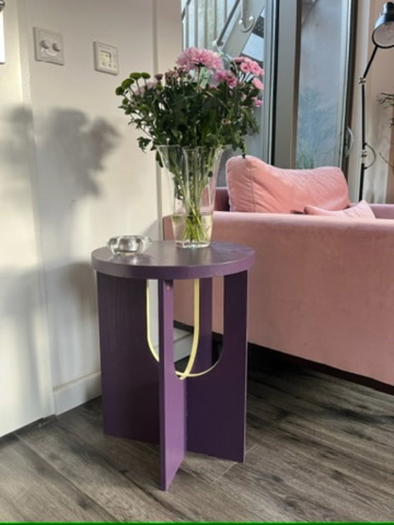Image 1 of Unique upcycled design side table – Japandi with a funky twist, purple & butter yellow