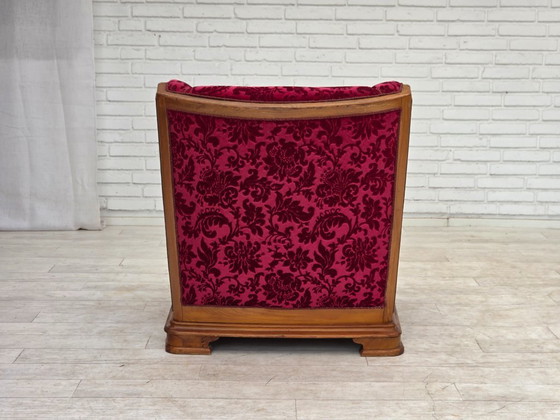 Image 1 of Anni '50, poltrona relax danese, velluto rosso per mobili, legno di quercia.