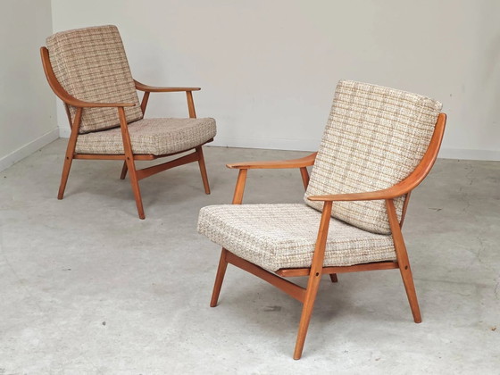 Paar Boomerang-Stil Sessel aus ecru-beigem Stoff, 1960er Jahre. – Wood, Scandinavian (photo 20 of 20)