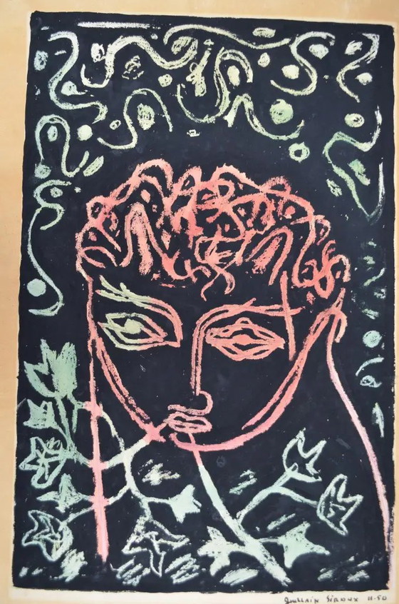 1950 Guillain Siroux “Visage Rose” Ritratto Modernista Francese Tecnica Mista – Dipinti e disegni, Paper (photo 3 of 11)