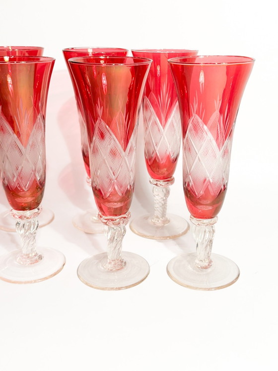 Set of 6 1970s Red Bohemian Crystal Champagne Flutes – Table accessories (photo 3 of 7)