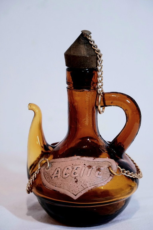 Vintage Amber Glass Spanish "Aceite" Cruet – Mid-Century Mediterranean Style