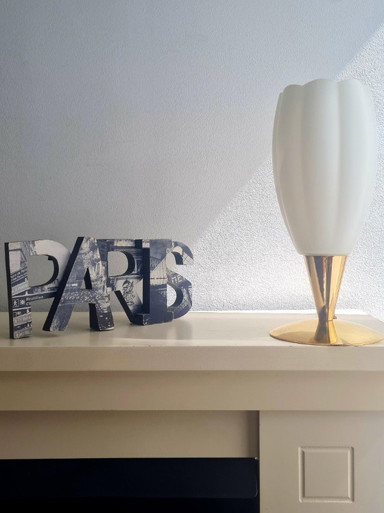 Image 1 of Lampada vintage a tulipano, vetro smerigliato, oro, stile francese