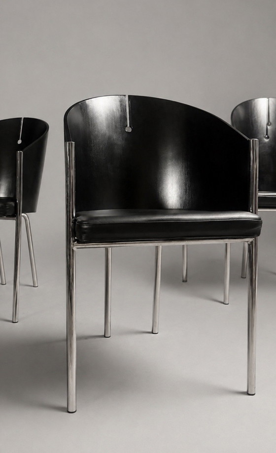 Set of 4 Vintage Segis Chairs, Attributed to Philippe Starck – Dining chairs, Chrome, Leather (photo 12 of 15)