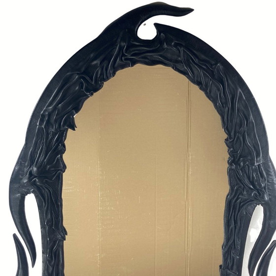 Image 1 of Art Nouveau Wavy Leather Wrapped Mirror, 1950S