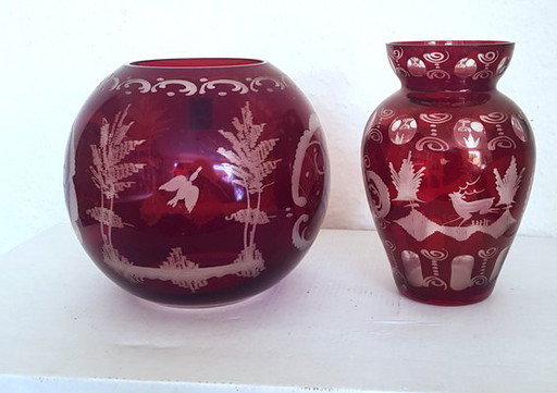 Rubin Red Bohemian Vases With Forest Motif, Set Of 2