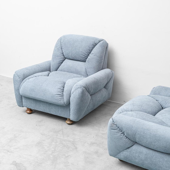 Coppia di poltrone vintage italiane in tessuto azzurro – Design anni '50 – Mid Century Modern (photo 5 of 11)