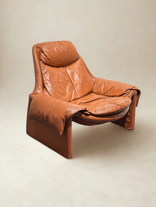 Vintage Italiaanse Cognac Leren Saporiti P60 Fauteuil
