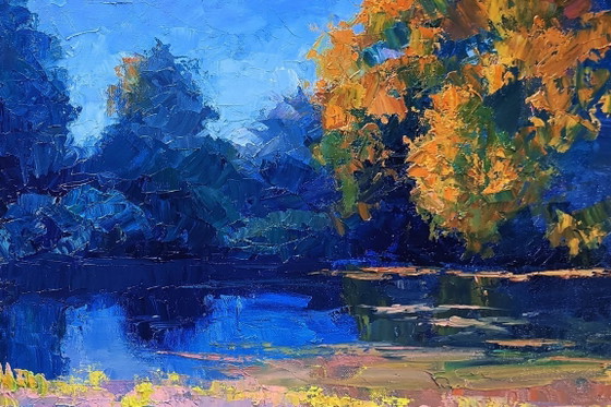 Image 1 of Original Oil Painting Nature Landscape Summer Sunset Evening on the Lake