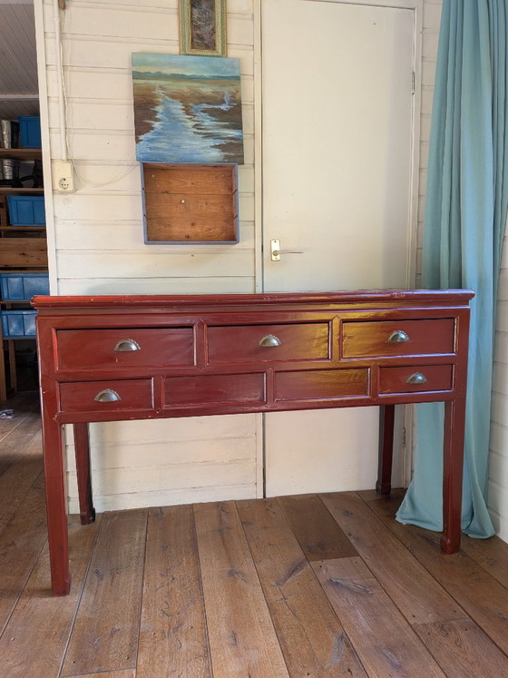 Console asiatique avec tiroirs, bois brun rougeâtre, Métal, Aziatisch (photo 6 sur 9)