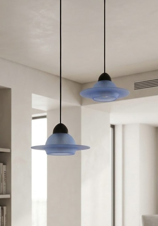 2 Vintage-Hängeleuchten im postmodernen UFO-Stil – 80er/90er Jahre – Massive, hanglampen, Glass