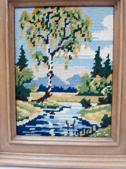 Paisaje de verano vintage alemán, enmarcado, con punta de aguja hecha a mano, gobelino