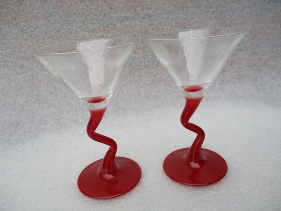 Image 1 of Zigzag 4 Martini cocktail glazen, vintage, van Libby Watusi, twee kleuren.  