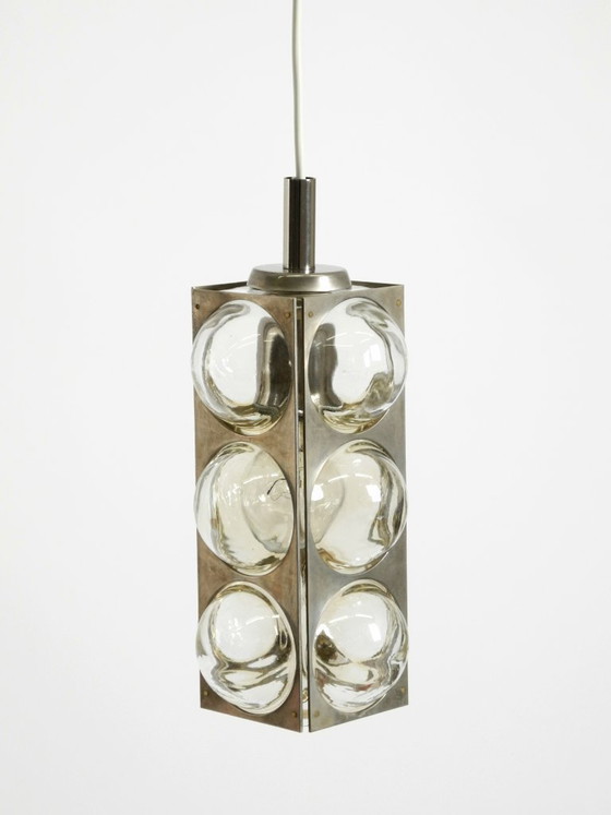 Image 1 of Beautiful 1960s Space Age pendant lamp by Temde, made of glass and nickel-plated metal