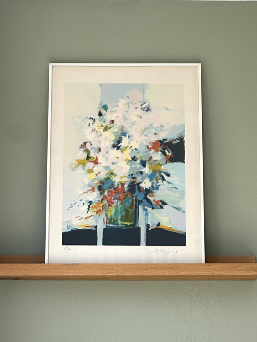 Zeefdruk Wynand Thönissen - Bloemen in groene vaas - Handgesigneerd