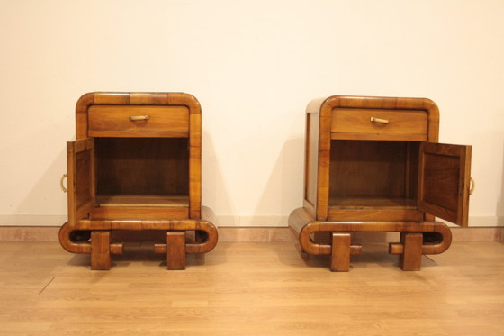 Image 1 of Pair of Art Deco Walnut Bedside Tables, 1950s Mid Century Modern, Italy