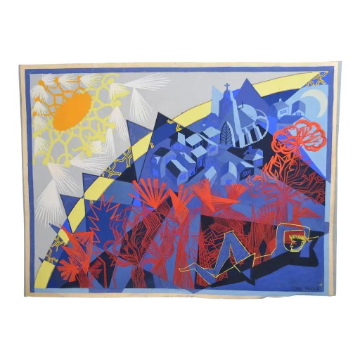 Jean Deldevez, "Het Verbeelde Dorp" Gouache, Rechtsonder Gesigneerd.