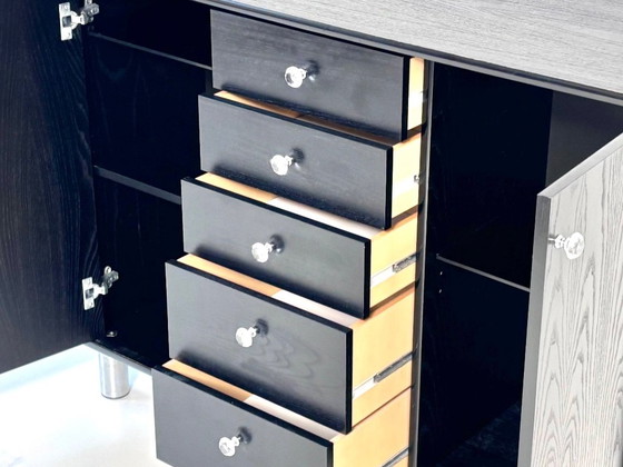 Vintage Sideboard in Black, 5 Drawers, Crystal Knobs & Chrome Feet, 1990s, Wood, Metal, Modern (photo 5 of 15)