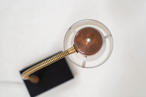 Image 1 of “Beta” table lamp in copper and brass by Jo Hammerborg for Fog & Mørup (Denmark, 1960s).