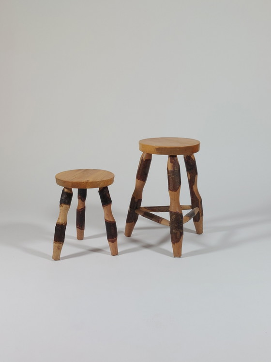Pair of vintage mid-century hazelwood stools with carved bark decor – Footstools & poufs (photo 11 of 11)
