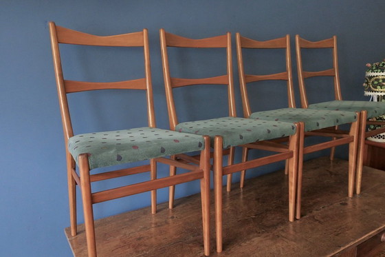 Image 1 of Juego de cuatro sillas de comedor de mediados de siglo con fundas turquesas, 1960