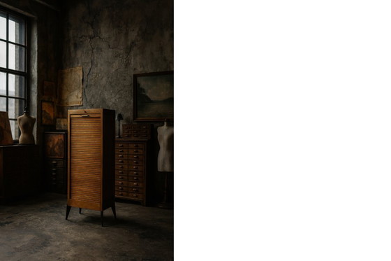 Image 1 of Vintage industriële Deense rolluikkast van bruin eikenhout met meerdere lades, jaren 50