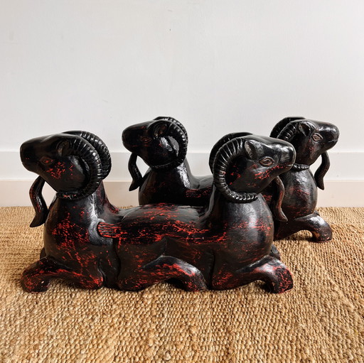 Double Rams Head Coffee Table Carved Wood Circa 1970